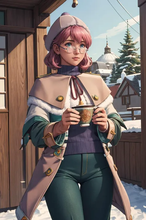 ultra detailed, sharp focus, best quality, masterpiece, pastel colors, dynamic lighting, <lora:dorothy-nvwls-v1:1> dorothy hyatt, glasses, blue turtleneck sweater, fluffy coat, green pants, 1 girl, coat, winter hat, holding a cup, mittens, snow, best quali...