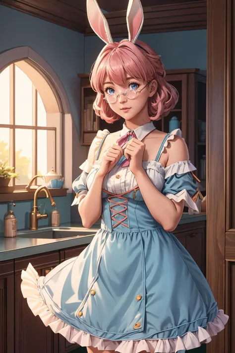 ultra detailed, sharp focus, best quality, masterpiece, pastel colors, dynamic lighting, <lora:dorothy-nvwls-v1:1> dorothy hyatt, glasses, frills, frilly dress, blue dress, 1 girl, bunny girl, bunny ears, best quality, masterpiece, intricate details