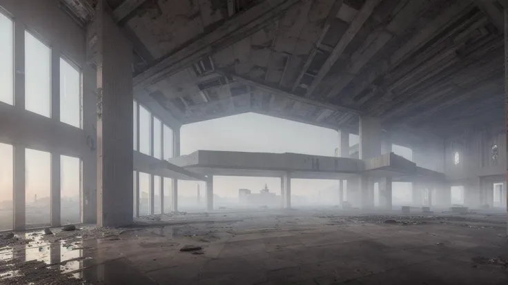 arafed building with a lot of windows and a lot of debris