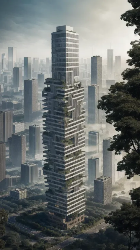 a tall skyscraper with a lot of trees growing on top of it