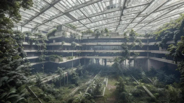 arafed atrium of a building with a lot of plants growing on the walls