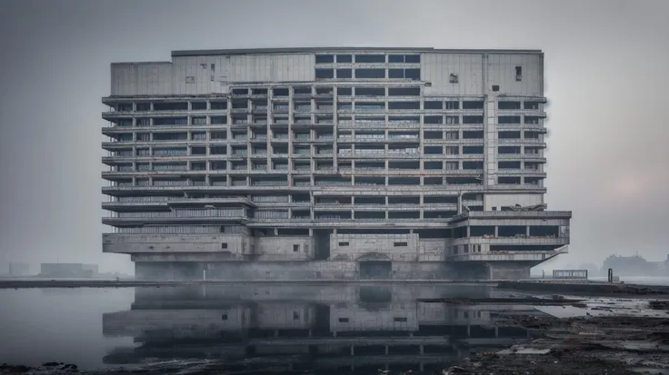 arafed building with a lot of windows and a lot of water