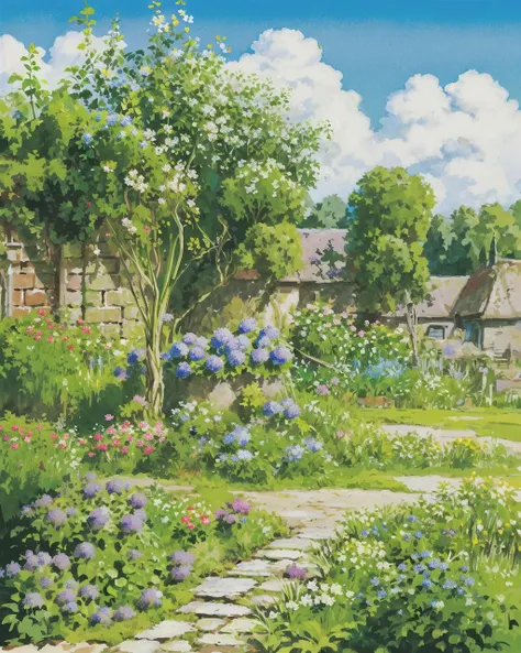 painting of a garden with a path and flowers and a house