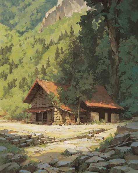 painting of a cabin in the woods with a mountain in the background