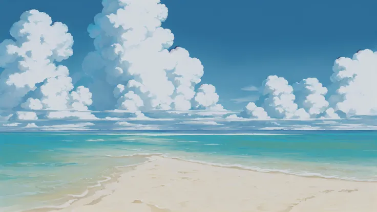 painting of a beach with a lot of clouds in the sky