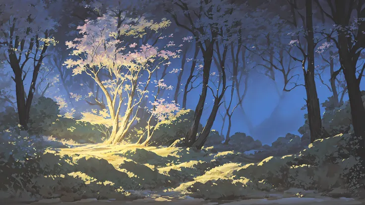 painting of a forest with a path and trees at night