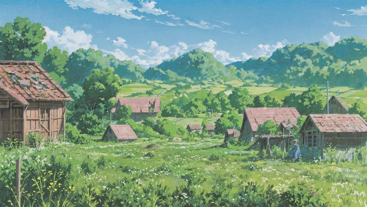 a painting of a village with a mountain in the background