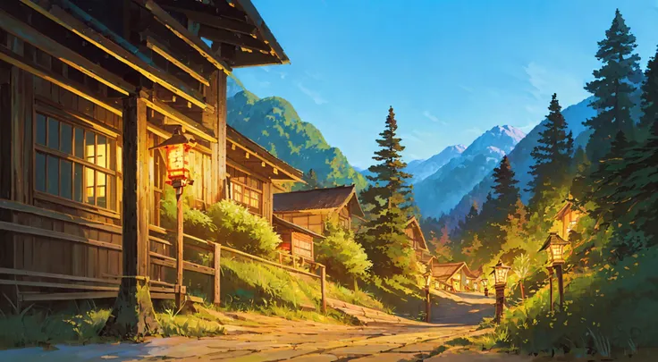 a painting of a mountain village with a road and a mountain in the background