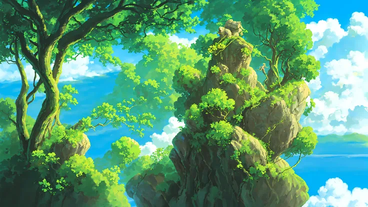 anime scenery of a mountain with a tree and a lake