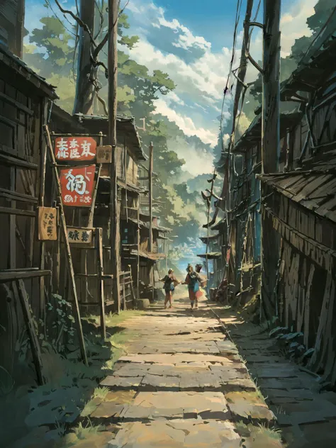 anime scenery of a street with people walking down it