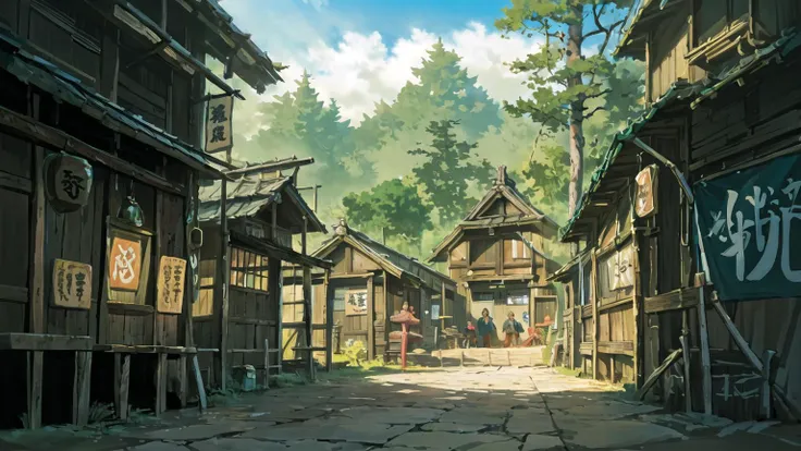 anime scenery of a village with a lot of buildings and signs