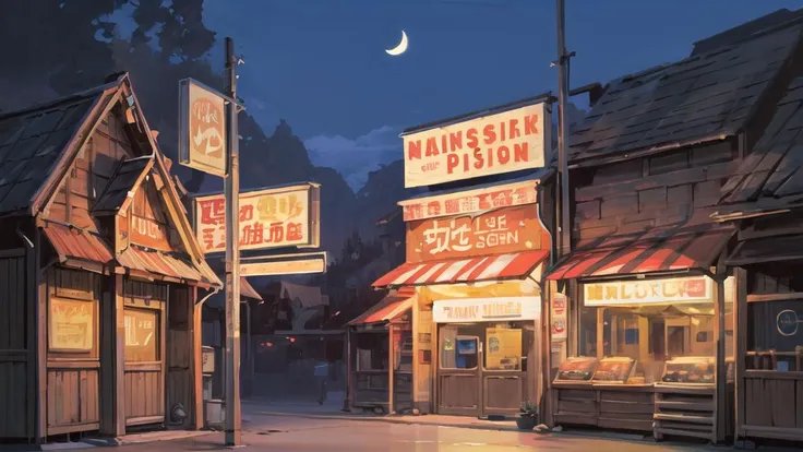 nighttime scene of a small town with a moon in the sky