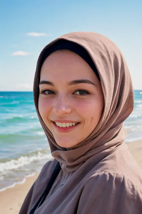 arafed woman wearing a hijab on a beach near the ocean