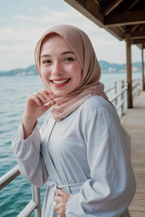 a woman in a hijab smiles while standing on a pier