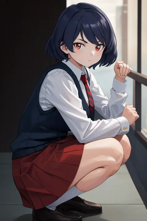 masterpiece, best quality, highres, 1girl, sweater vest striped necktie red skirt white shirt long sleeves <lora:tachibana_rui:1> squatting, from side, looking at viewer