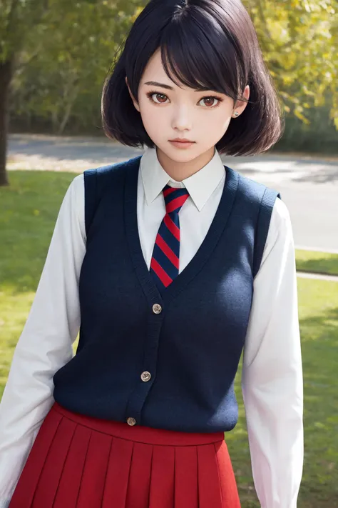 masterpiece, best quality, highres, 1girl, sweater vest striped necktie red skirt white shirt long sleeves <lora:tachibana_rui:1> photorealistic