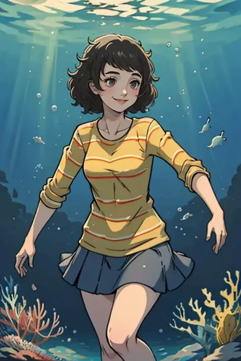 a woman in a yellow shirt and blue skirt walking under water