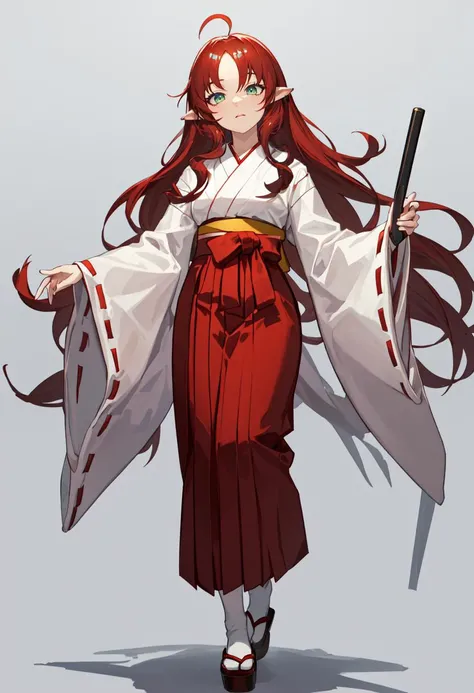 best quality, masterpiece, highres, solo, (myrtle_arknights:1.10), (white kimono:1.35), (red hakama:1.35), (wide sleeves:1.20), 26 <lora:myrtle_arknights:0.80>