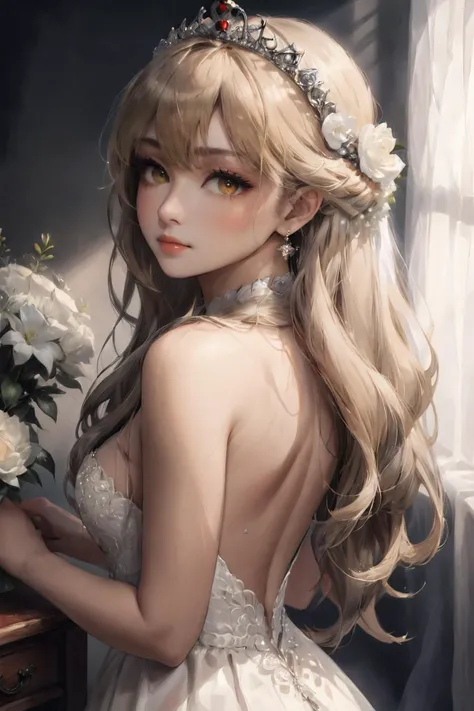 woman, <lora:Wrise_Rapunzel:0.4>, rapunzel, (long hair:1.4), (very long hair:1.45), (absurdly long hair:1.5), blonde hair, smile, shy smile, high heels, earring, collar, (white dress:1.5), (wedding crown:1.2), (wedding dress:1.5), (bridal dress:1.2), (flow...