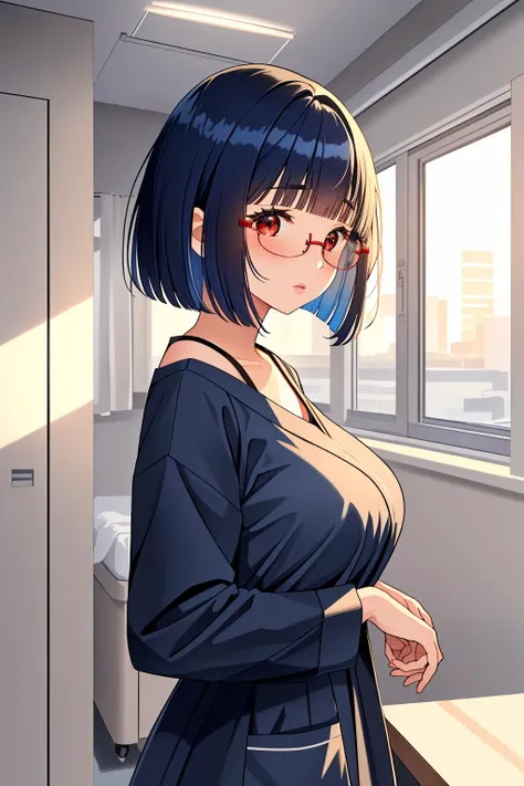 ((masterpiece, best quality, high quality)),1girl, (hospital), <lora:infirmary_v0.1:0.5> infirmary,  <lora:Aya Miiko:0.7> (1girl, 3dcg 03, aya miiko, blue hair, blunt bangs, bob cut, large breasts, medium breasts, red eyes, semi-rimless eyewear, short hair...