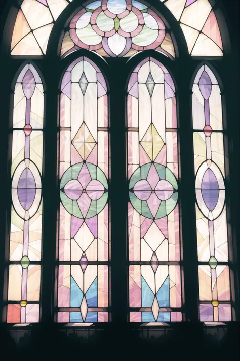 a close up of a stained glass window with a clock on it