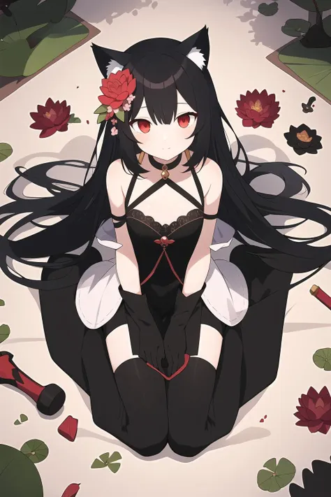 anime girl with black hair and black cat ears sitting on a white surface