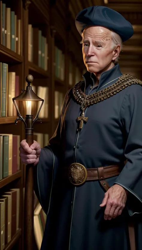 elderly joe biden, 1boy, wearing mages robes and a mages hat, holding a wooden staff, extremely muscular, shirtless, inside a ((magical library)) where the ceiling is made of stars, full body, close up, looking at viewer, mysterious ambiance, mystery, intr...