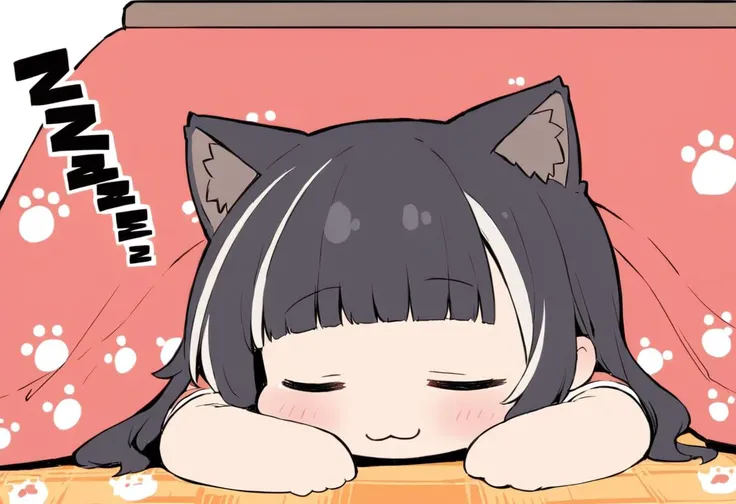 best quality, ultra-detailed, illustration, flat color,
kotatsu, under kotatsu, 1girl, chibi, solo, blush, simple background, black hair, closed eyes, lying, blunt bangs, streaked hair, cat ears, :3, table, sleeping, paw print, zzz, under table
<lora:co...