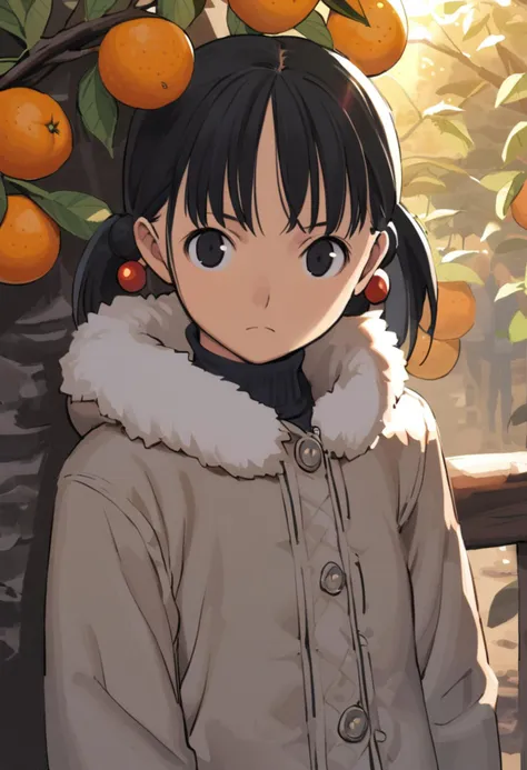 anime girl in a coat standing in front of a tree with oranges