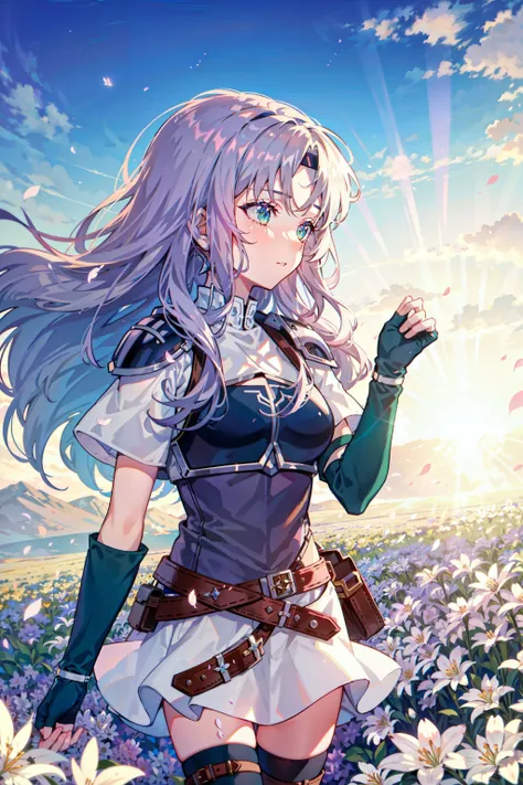 1girl, bangs, belt, blue_sky, bouquet, breasts, cloud, cloudy_sky, daisy, day, falling_petals, field, fingerless_gloves, flower, flower_field, gloves, green_eyes, headband, holding_flower, horizon, lens_flare, lily_(flower), long_hair, medium_breasts, moun...