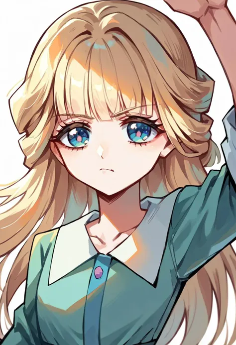 anime girl with long blonde hair and blue eyes waving