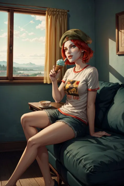 <lora:damsel-10:0.6>, damselVTMB_soul3142, red hair, short hair, beret, pale skin, sitting, couch, eating ice cream, cozy room, television, window, day,   <lora:add_detail:0.5>