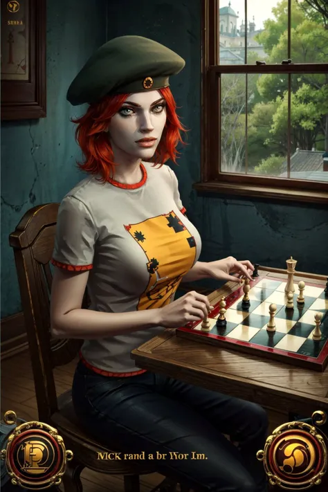 <lora:damsel-10:0.7>, damselVTMB_soul3142, red hair, short hair, beret, pale skin, playing chess, <lora:add_detail:0.5>