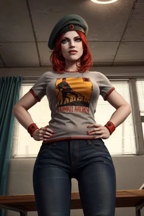 <lora:damsel-10:0.6>, damselVTMB_soul3142, 1girl, grey eyes, red hair, makeup, lipstick, beret, hands on hips, jeans, t-shirt, denim, from below, wristband, <lora:add_detail:0.5>