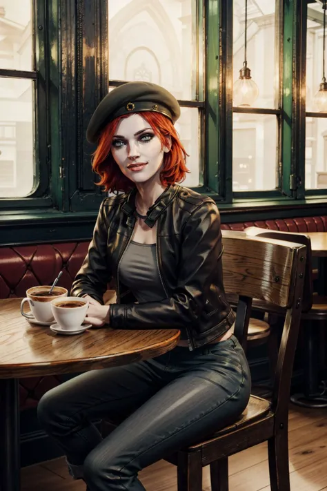 <lora:damsel-10:0.7>, damselVTMB_soul3142, red hair, short hair, beret, pale skin, leather jacket, pants, makeup, grey eyes, sitting, smile, cafe, table, window, night,
 <lora:add_detail:0.5>