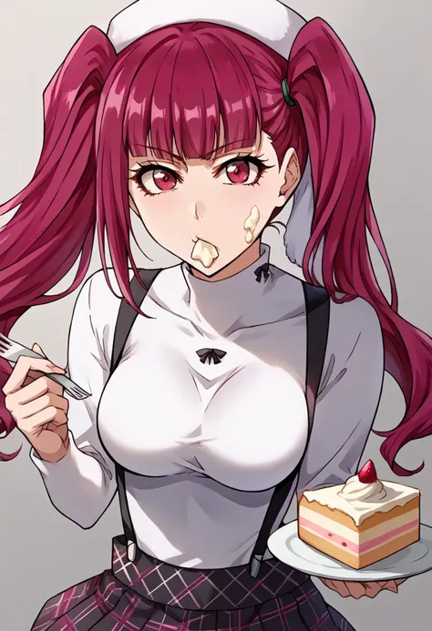 anime girl with red hair holding a plate of cake and fork