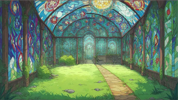 a painting of a room with a stained glass ceiling and a pathway