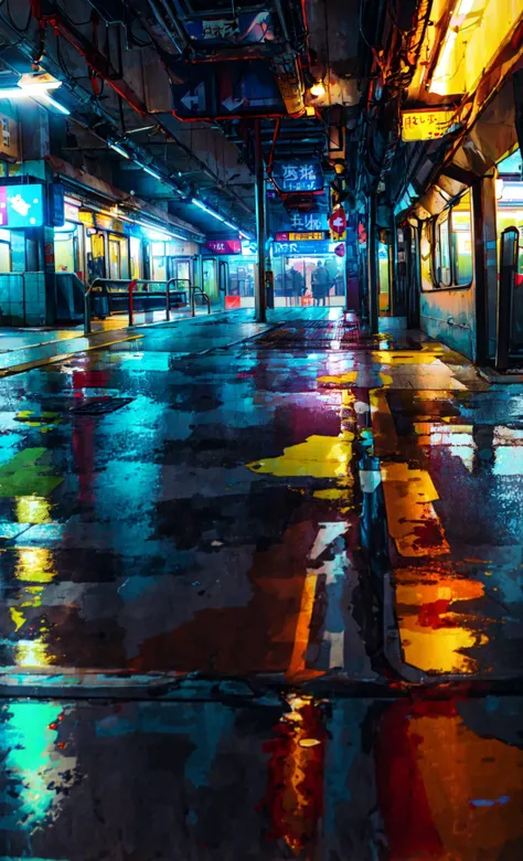 arafed photograph of a wet street with a neon sign and a building