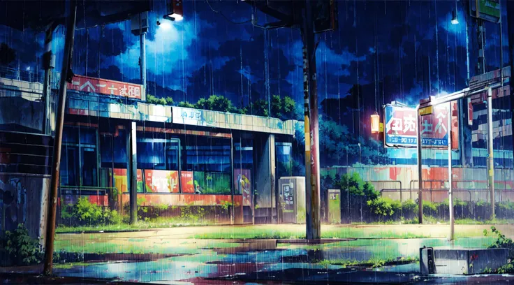 painting of a city street with a gas station and a rain storm