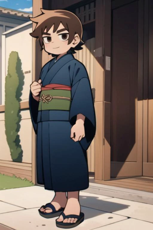 <lora:Scott_Pilgrim_Takes_Off_style:0.9> <lyco:GoodHands-beta2:1.0> scott_pilgrim_style, man wearing dark blue kimono and black obi, BREAK brown hair, BREAK brown eyes, (good hands:0.5), sandals, stubble