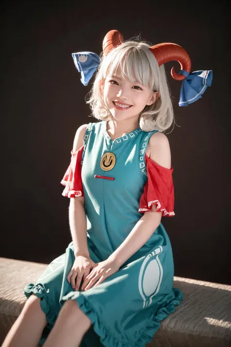 a woman in a blue dress sitting on a ledge with horns