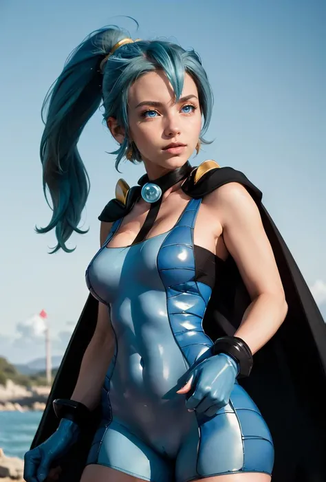 (masterpiece, best quality), 1girl,  <lora:Clair_Pokemon:0.8> Clair_Pokemon, solo, 1girl,  long hair, blue hair, blue eyes, ponytail, blue bodysuit, black cape, blue gloves,