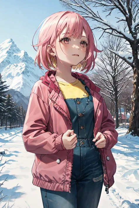 masterpiece, (detailed, highres, best quality), 1girl, <lora:spotoriEmu-08:1> emucas, yellow shirt, long sleeves, pink jacket, open jacket, blue overalls, blue sky, day, mountain, outdoors, signature, sky, snow, tree, winter