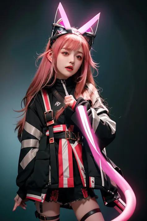 a woman in a black and white outfit holding a pink sword