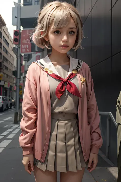 (masterpiece, best quality), 1girl,   <lora:spotoriEmu-08:1> emusai, white sailor collar, pink cardigan, red neckerchief, grey shirt, grey skirt, pleated skirt