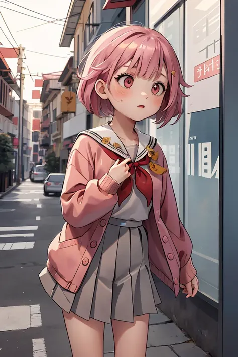 anime girl in a school uniform standing on a sidewalk