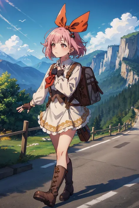 masterpiece, best quality, solo  <lora:spotoriEmu-08:0.8> emuwt, backpack, white shirt, brown gloves, fingerless gloves, long sleeves, orange bow, boots, mountain, hills, cliff, road, walking, wide shot