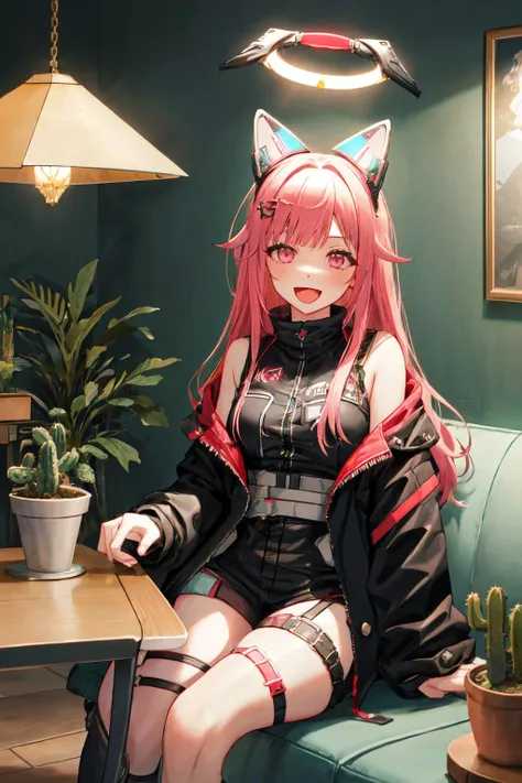 masterpiece, (detailed, highres, best quality), 1girl, <lora:spotoriEmu-08:1> emuag, fake animal ears, fake mechanical ears, mechanical halo, black jacket, thigh strap, :d, bowl, cactus, couch, electric fan, food, plant, potted plant, soup, stuffed animal,...