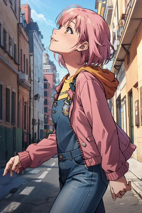 masterpiece, best quality, solo  <lora:spotoriEmu-08:0.8> emucas, yellow shirt, long sleeves, pink jacket, open jacket, blue overalls, from side, walking, city street, looking up, smile