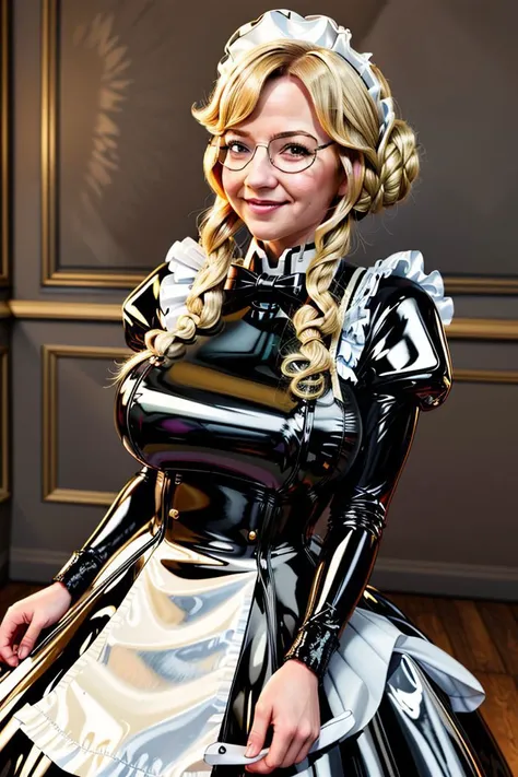 high resolution, masterpiece, high quality, fancy ballroom, <lora:BustleFashion:.6>,  <lora:ade-nikke-richy-v1:.9>, Ade, maid, blonde hair, updo, bu5tl3, black latex maid dress, apron, large breasts, glasses, extremely glossy, happy, looking at you